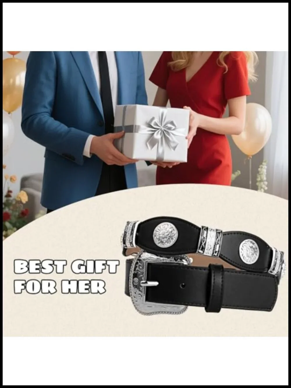 Men's Western Ranger Belt Full Grain Leather Scalloped Design Silver Conchos